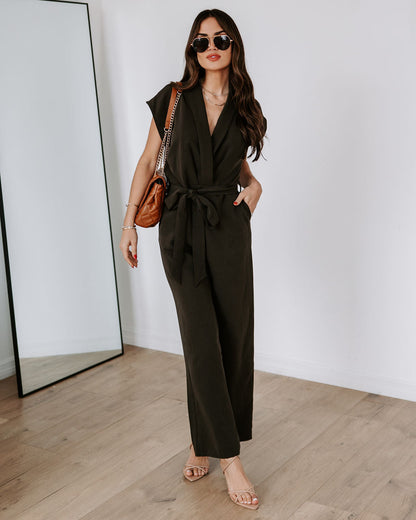 Fabiola Pocketed Tie Waist Wide Leg Jumpsuit - Dark Olive