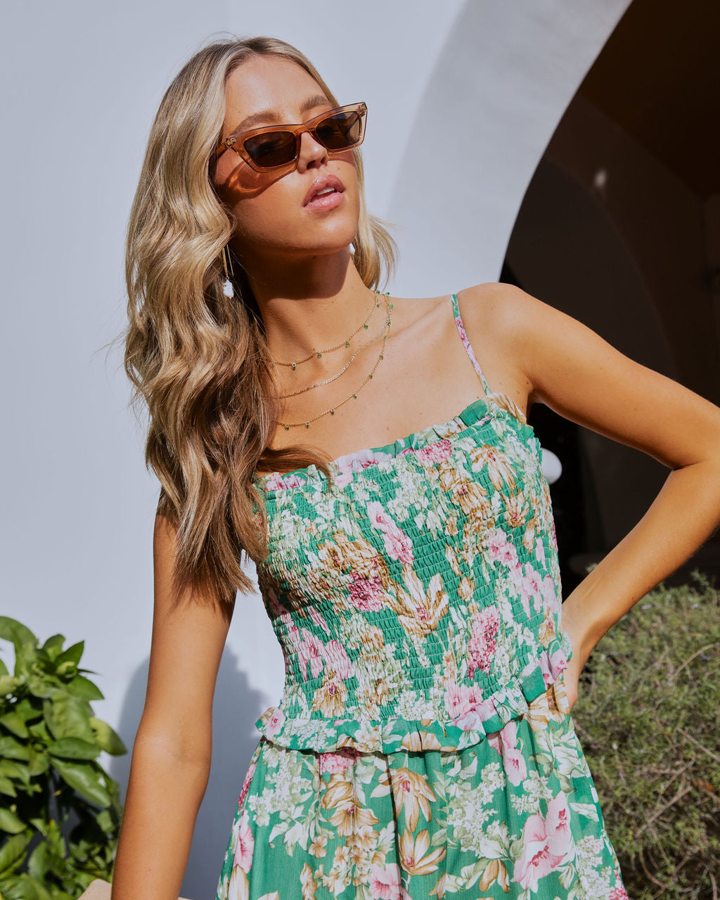 Fiore Floral Smocked Pocketed Slit Jumpsuit