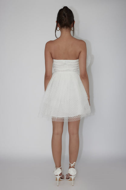 Deana Bow Bust Strapless Mini Dress Spotty White
