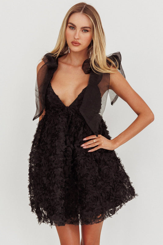 Lisette Tied Shoulder Embellished Mini Dress Black