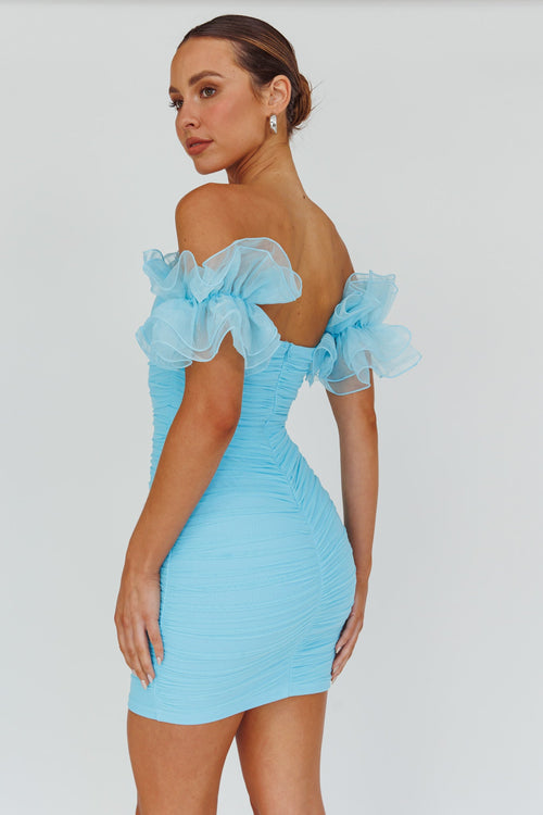 Star Dust Off-Shoulder Frill Sleeve Mini Dress Baby Blue