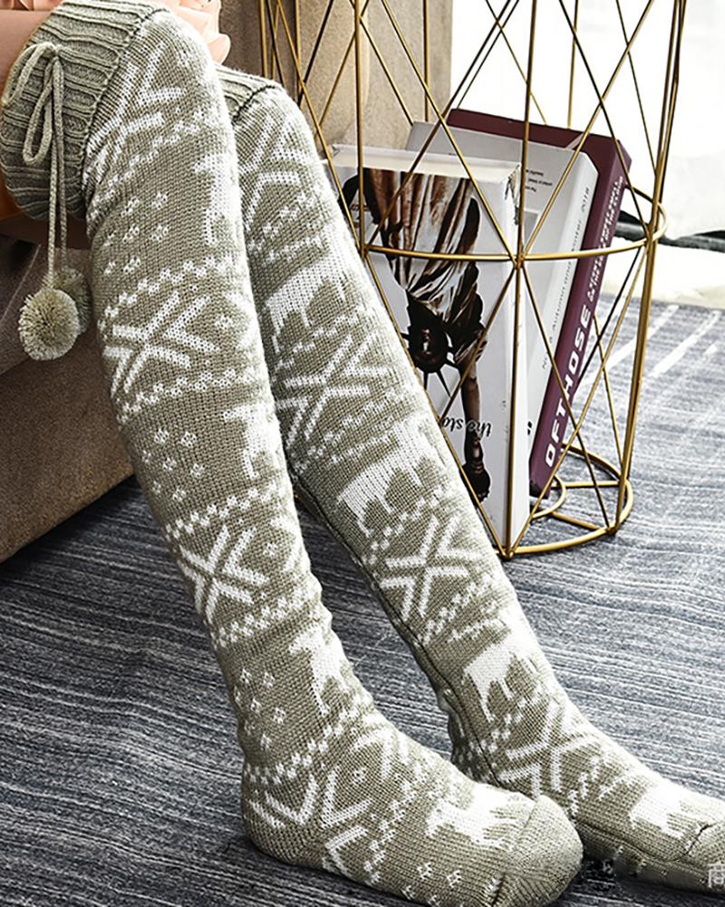1Pair Christmas Snowflake Pom Pom Knee Length Socks