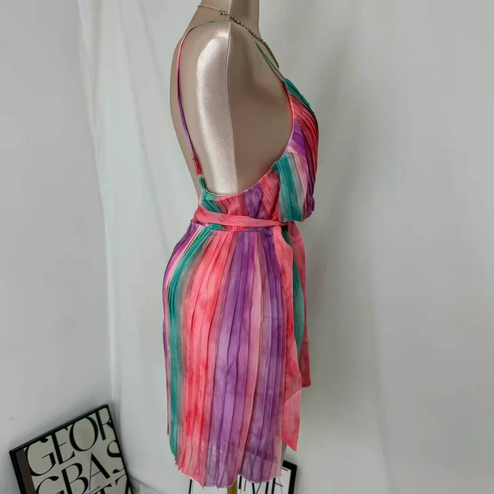 Casual V-Neck Chiffon Dress With Waist Ties