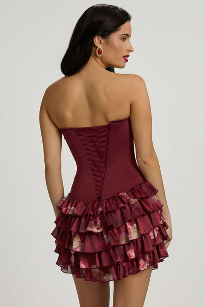 Strapless Ruffled Tiered Corset Mini Dress in Maroon Floral Print