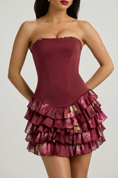 Strapless Ruffled Tiered Corset Mini Dress in Maroon Floral Print