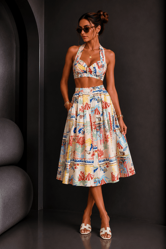 Vacation Printed Print Midi Maxi Skirt Set